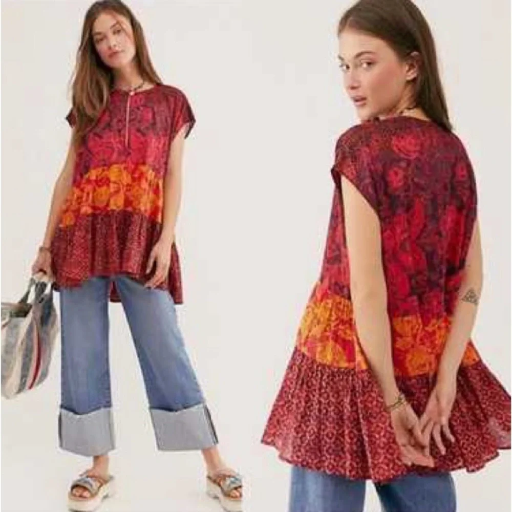 Floral Patchwork Red & Orange Short Sleeve Tunic Top